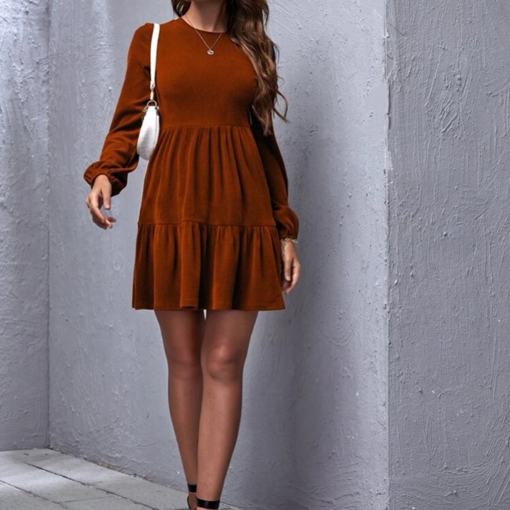 Boho rust brown ribbed knit ruffle hem dress - Picture 5 of 5